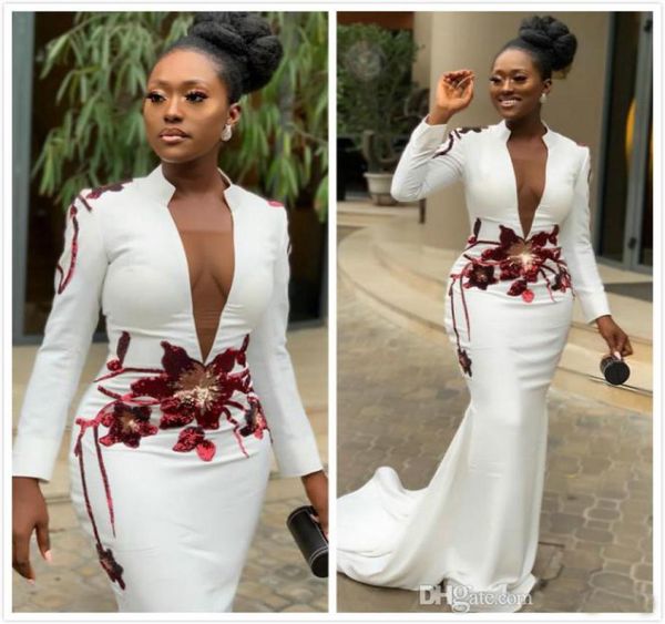 white mermaid 2019 african evening dresses high neck long sleeves appliques prom dresses deep vneck formal party gown3579761, Black;red