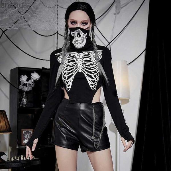 women's autumn 2022 new halloween dark skull print personalized high neck long sleeve t-shirt trend in europe and america, White;black
women's autumn 2022 new halloween dark skull print personalized high neck long sleeve t-shirt trend in europe and america, White;black