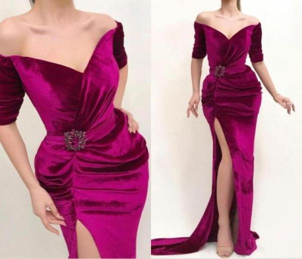 velvet mermaid prom dresses off shoulder half sleeves pleats side split evening dress with sash beads party robe de soiree4381342, Black
velvet mermaid prom dresses off shoulder half sleeves pleats side split evening dress with sash beads party robe de soiree4381342, Black