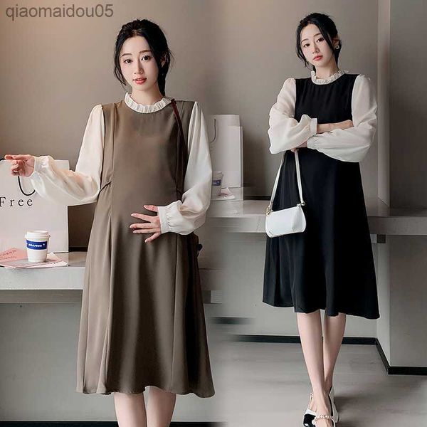 766# 2023 spring patchwork long sleeve maternity dress elegant a line loose clothes for pregnant women pregnancy ties waist slim l230712, White
766# 2023 spring patchwork long sleeve maternity dress elegant a line loose clothes for pregnant women pregnancy ties waist slim l230712, White
