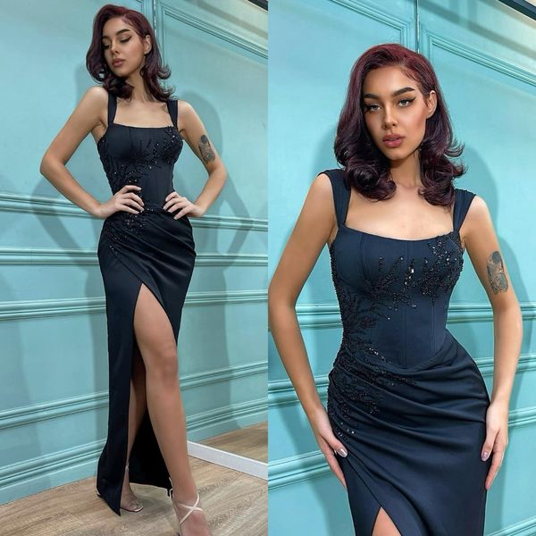 fashion navy prom dresses thick straps evening gowns beading pleats slit formal red carpet long special occasion party dress, Black
fashion navy prom dresses thick straps evening gowns beading pleats slit formal red carpet long special occasion party dress, Black