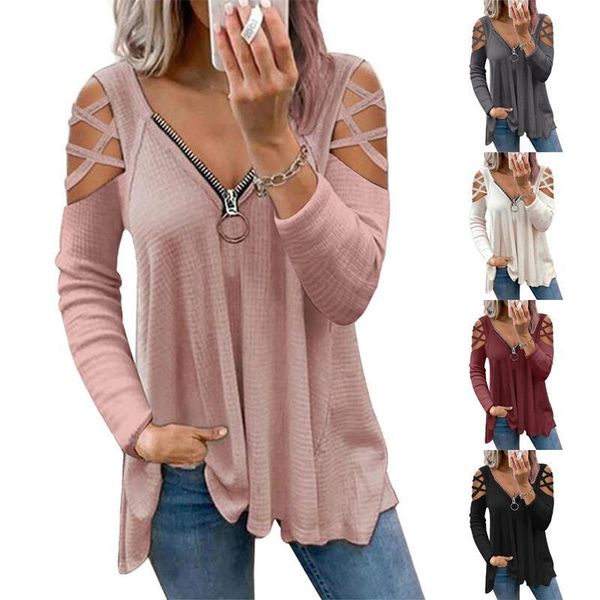 2023 european american autumn new women's t-shirt cross off shoulder solid v-neck zipper loose long sleeve tees, White
2023 european american autumn new women's t-shirt cross off shoulder solid v-neck zipper loose long sleeve tees, White