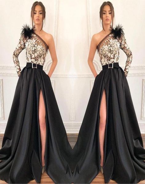 one shoulder satin a line long prom dresses long sleeve lace applique feather split floor length formal party evening dresses bc164895807, Black
one shoulder satin a line long prom dresses long sleeve lace applique feather split floor length formal party evening dresses bc164895807, Black