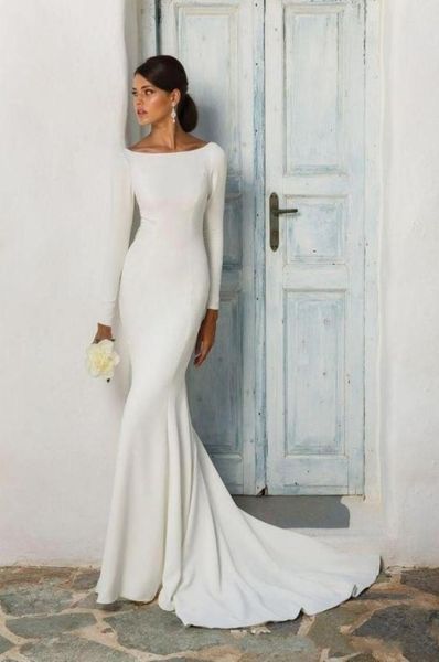 modest stretch crepe mermaid wedding dresses with long sleeves boat neck covered back women informal modest sleeved reception gown6931786, White 
modest stretch crepe mermaid wedding dresses with long sleeves boat neck covered back women informal modest sleeved reception gown6931786, White