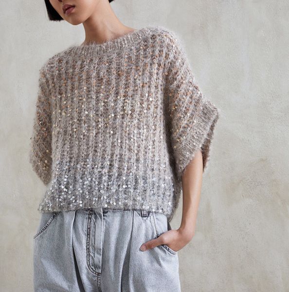 women's sweater european fashion brand mohair blend hand knitted beaded short sleeved sweater, White;black
women's sweater european fashion brand mohair blend hand knitted beaded short sleeved sweater, White;black