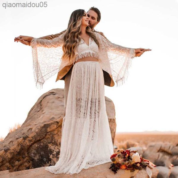 2 in 1 maternity p shoot lace outfit long dresses boho maternity pgraphy tassels lace dresses l230712, White