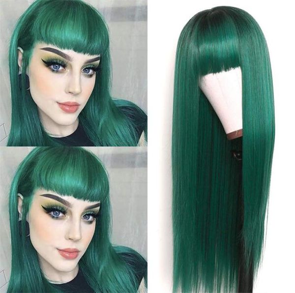 long silky straight synthetic replacement hair wig green ombre silk base wig full neat bangs heat resistant none lace wigs fashion3874524, Black
long silky straight synthetic replacement hair wig green ombre silk base wig full neat bangs heat resistant none lace wigs fashion3874524, Black