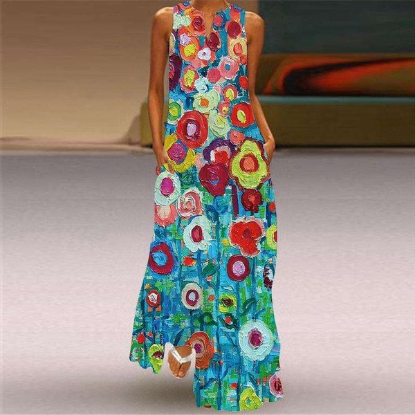 summer womens fashion print long dress v neck sleeveless pocket s, Black;gray