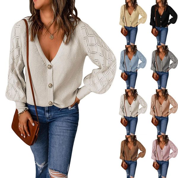 european and american women's sweaters autumn new solid color diamond plaid bubble sleeve knitwear coat women's loose single breas, White;black
european and american women's sweaters autumn new solid color diamond plaid bubble sleeve knitwear coat women's loose single breas, White;black