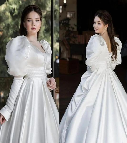 designer elegant wedding dress puff long sleeves fulllength princess dress matte satin with soft waistband plus size bridal gown 8250735, White
designer elegant wedding dress puff long sleeves fulllength princess dress matte satin with soft waistband plus size bridal gown 8250735, White