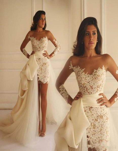 sheer neck long sleeves lace applique mini wedding dresses with detachable tulle train bridal gowns4328132, White
sheer neck long sleeves lace applique mini wedding dresses with detachable tulle train bridal gowns4328132, White
