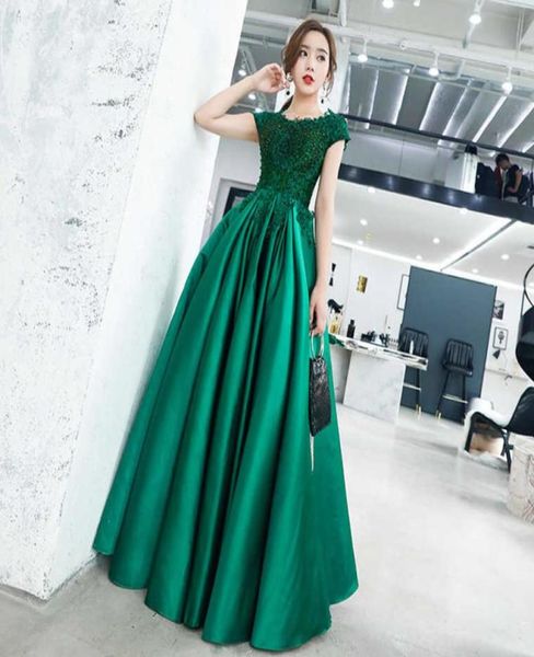 scoop neck satin evening dresses with short sleeves 2019 beaded long evening gowns dark green prom dress1446668, Black;red 
scoop neck satin evening dresses with short sleeves 2019 beaded long evening gowns dark green prom dress1446668, Black;red