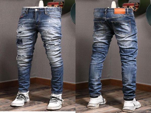 man motocycle jeans super damage dark wash blue cowboy patches denim cotton4088159