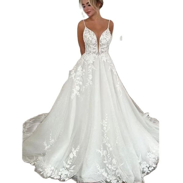 modest v neck spaghetti strap a line wedding dresses glitter lace appliques boho bridal gown court train garden robe de mariee, White
modest v neck spaghetti strap a line wedding dresses glitter lace appliques boho bridal gown court train garden robe de mariee, White