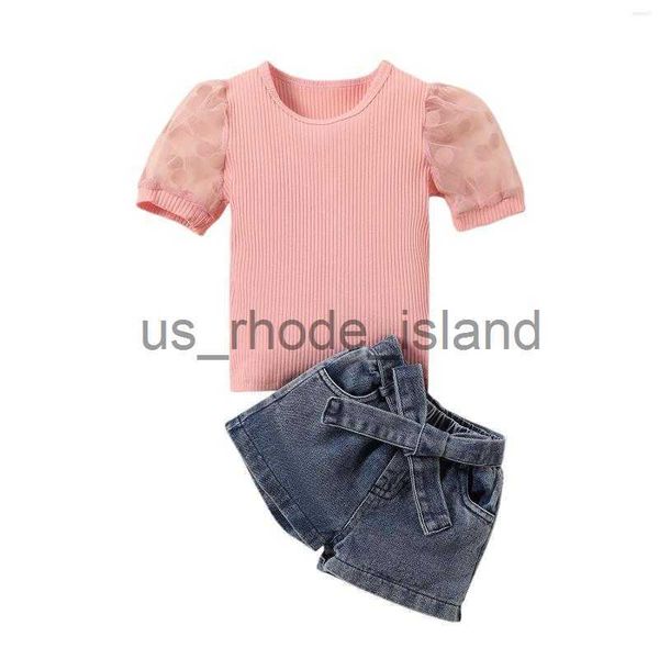 t-shirts clothing sets 2pcs girls summer outfit dots splicing short sleeve t-shirt denim shorts with waist belt set for kids 1-6 years x0714, Blue
t-shirts clothing sets 2pcs girls summer outfit dots splicing short sleeve t-shirt denim shorts with waist belt set for kids 1-6 years x0714, Blue
