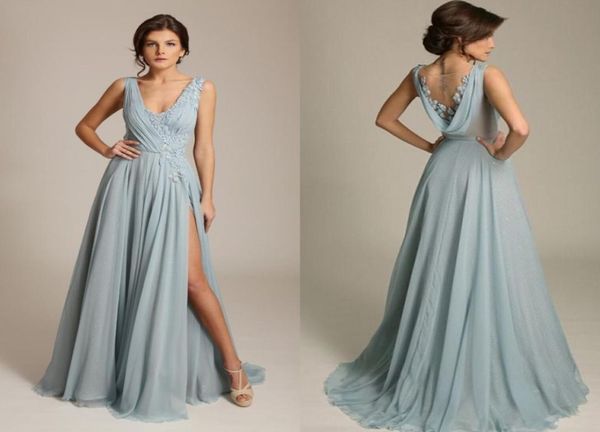 gorgoues dusty blue evening dresses v neck sleeveless appliques chiffon draped back high split formal evening gowns sweep tra1910716, Black;red
gorgoues dusty blue evening dresses v neck sleeveless appliques chiffon draped back high split formal evening gowns sweep tra1910716, Black;red