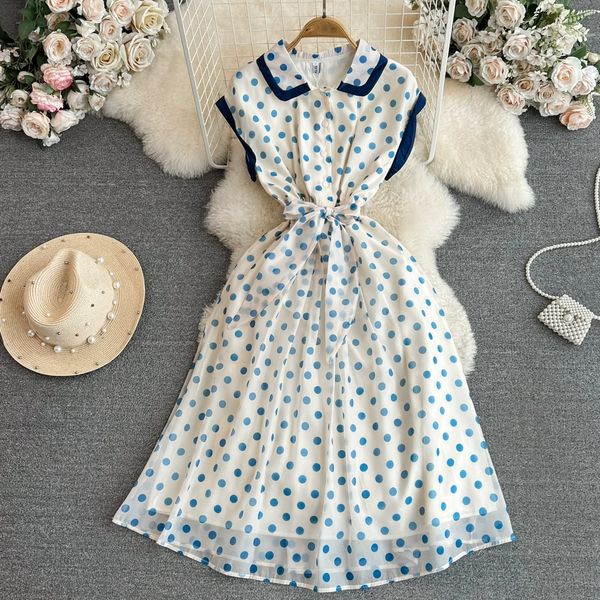 french hepburn sleeveless doll neck slim a-line polka dot chiffon dress elegant large swing long dress, Black;gray
french hepburn sleeveless doll neck slim a-line polka dot chiffon dress elegant large swing long dress, Black;gray