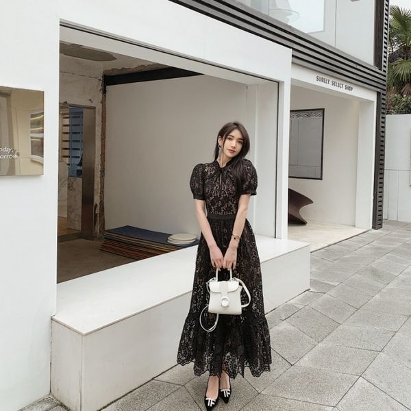 new s-elf portrait black water soluble lace irregular twisted neck short sleeve high waist long dress dress, Black;gray
new s-elf portrait black water soluble lace irregular twisted neck short sleeve high waist long dress dress, Black;gray
