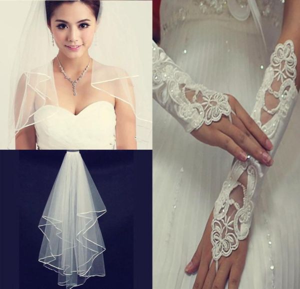 2pieces white or ivory wedding veils with comb pearls gloves1238661, Black