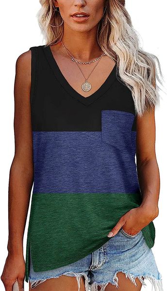 womens v neck sleeveless tunic shirts side split loose fit with pocket, White