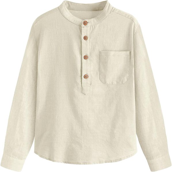 boys button up henley shirt long sleeve lightweight linen cotton dress shirts tees with one pocket, White;black
boys button up henley shirt long sleeve lightweight linen cotton dress shirts tees with one pocket, White;black