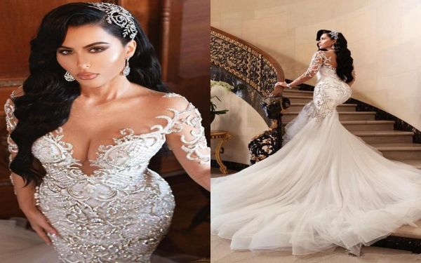 luxury arabic mermaid wedding dresses dubai spark crystals long sleeves sheer bridal gowns court train tulle skirt wedding dre9071768, White
luxury arabic mermaid wedding dresses dubai spark crystals long sleeves sheer bridal gowns court train tulle skirt wedding dre9071768, White