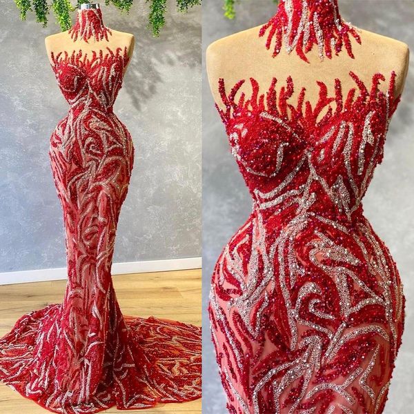 luxury red mermaid evening dress sheer high neck prom gowns pearl sequins sweep train custom made special occasion dresses, Black;red
luxury red mermaid evening dress sheer high neck prom gowns pearl sequins sweep train custom made special occasion dresses, Black;red