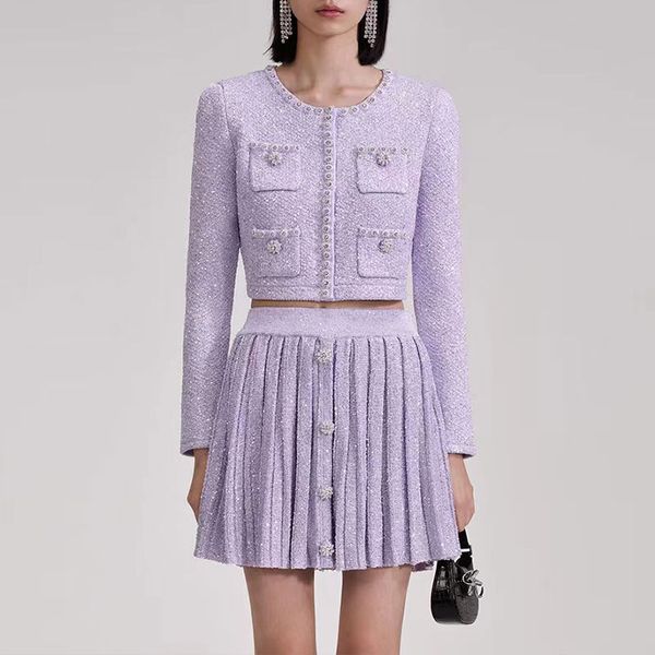 23designer two-piece suit early autumn new lilac purple diamond-studded knitted sequined round neck short coat pleated skirt suit female, White
23designer two-piece suit early autumn new lilac purple diamond-studded knitted sequined round neck short coat pleated skirt suit female, White