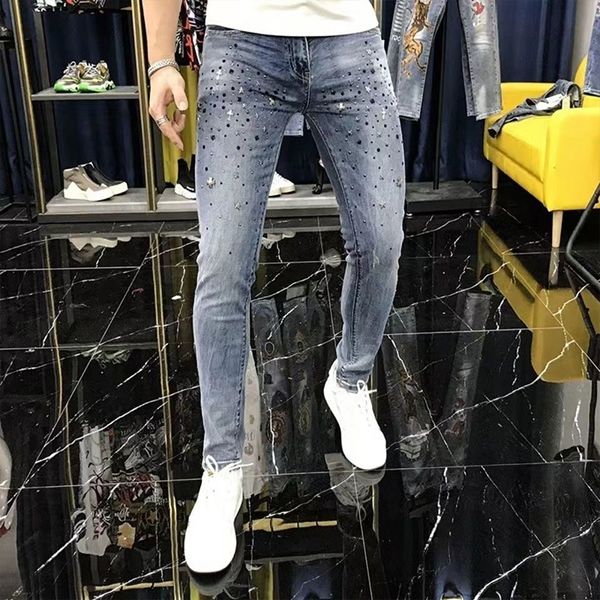 men's jean hip-hop rivet heavy craftsmanship male pants personalized elastic slim fit small feet long trousers streetwear clothing, Blue
men's jean hip-hop rivet heavy craftsmanship male pants personalized elastic slim fit small feet long trousers streetwear clothing, Blue
