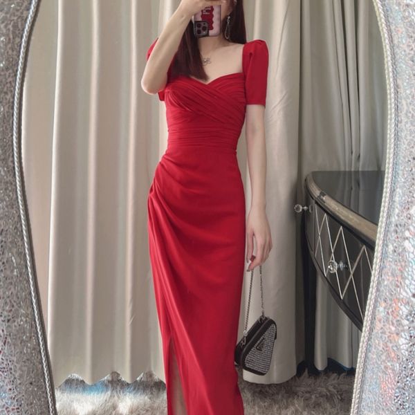 new s-elf - portrait pleated split dress square neck short sleeve green long dress red, Black;gray
new s-elf - portrait pleated split dress square neck short sleeve green long dress red, Black;gray