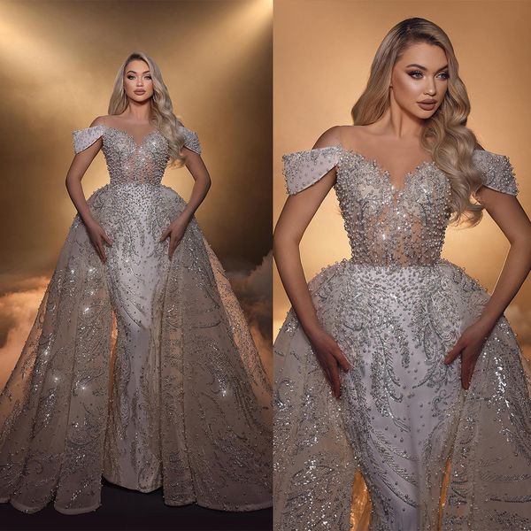 elegant beads mermaid wedding dresses with detachable train off the shoulder sequined pearls bridal gowns, White
elegant beads mermaid wedding dresses with detachable train off the shoulder sequined pearls bridal gowns, White