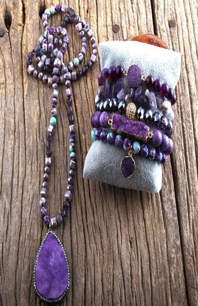 fashion boho jewelry set semi precious stone knotted natural stones druzy charm pendant necklace bracelet earrings 6716560, Silver