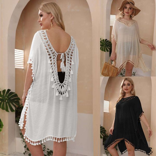 plus size womens dress hand crocheting stitching backless tassel slit loose beach cover up, Black;gray
plus size womens dress hand crocheting stitching backless tassel slit loose beach cover up, Black;gray