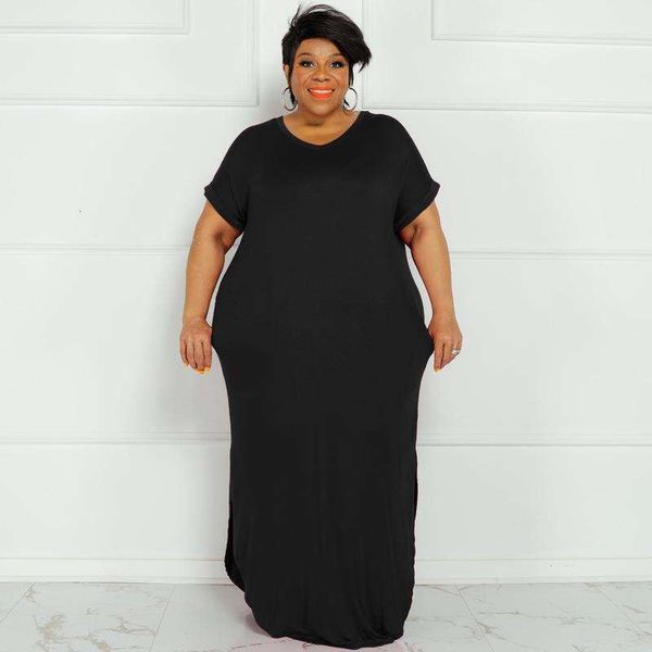 summer solid color round neck large size dress slit hemline at hem loose skirt, Black;gray
summer solid color round neck large size dress slit hemline at hem loose skirt, Black;gray