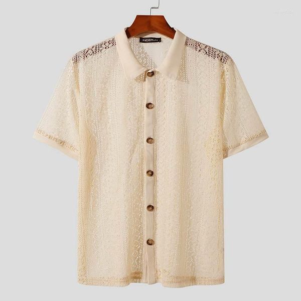 men's casual shirts incerun 2023 men shirt mesh lace solid transparent lapel short sleeve button up clothing streetwear summer camisas, White;black
men's casual shirts incerun 2023 men shirt mesh lace solid transparent lapel short sleeve button up clothing streetwear summer camisas, White;black