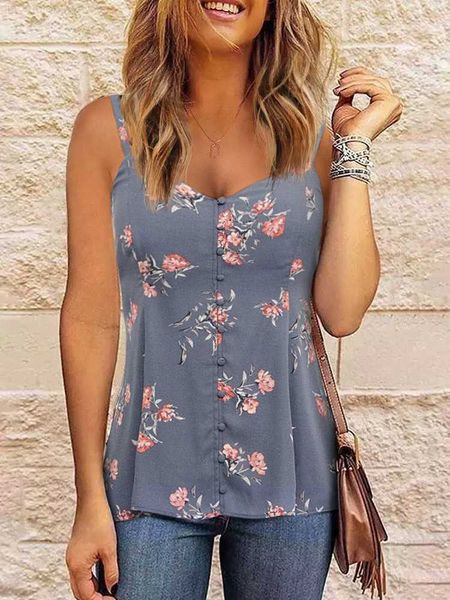 

women's t-shirt floral button ruffled smocked camisole printing fashion women tank camis sleeveless vest girls summer short t-shirts l, White