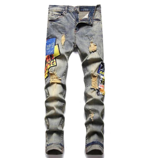 retro blue men039s jeans summer street ripped hole pants print patch pantalones para hombre vaqueros7257252
retro blue men039s jeans summer street ripped hole pants print patch pantalones para hombre vaqueros7257252
