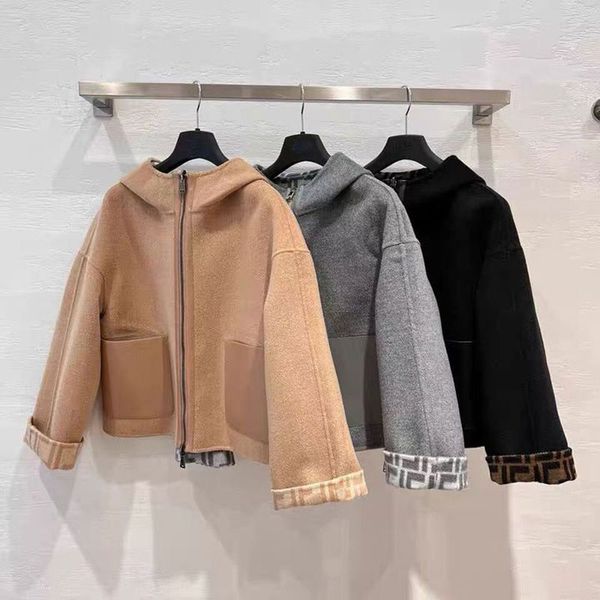 

women's autumn winter Woolen letter short jacket vintage fashion hooded zipped coat long sleeve colorblocked clothing