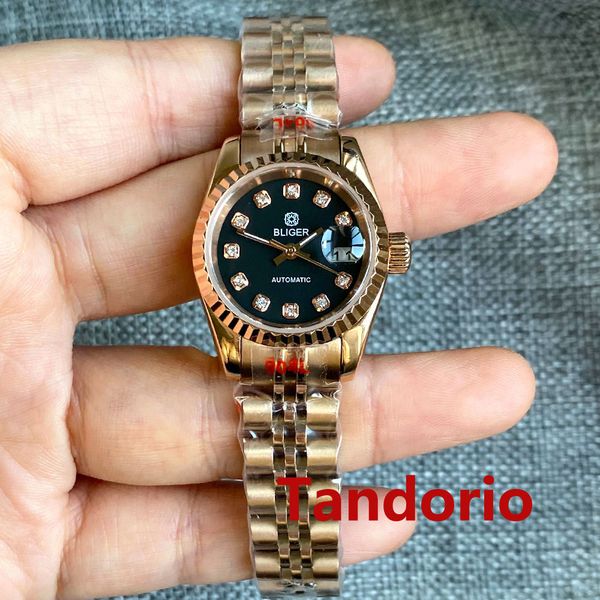 other watches bliger 26mm fashion rose gold ladies diamond dial sapphire glass date nh05 automatic movement womens watch mini design 230714, Slivery;black
other watches bliger 26mm fashion rose gold ladies diamond dial sapphire glass date nh05 automatic movement womens watch mini design 230714, Slivery;black