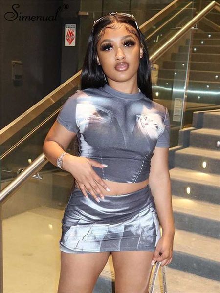 women's t-shirt simenual chic streetwear print co-ord sets summer short sleeve crop slim t-shirt elastic mini skirts two piece outfits, White
women's t-shirt simenual chic streetwear print co-ord sets summer short sleeve crop slim t-shirt elastic mini skirts two piece outfits, White