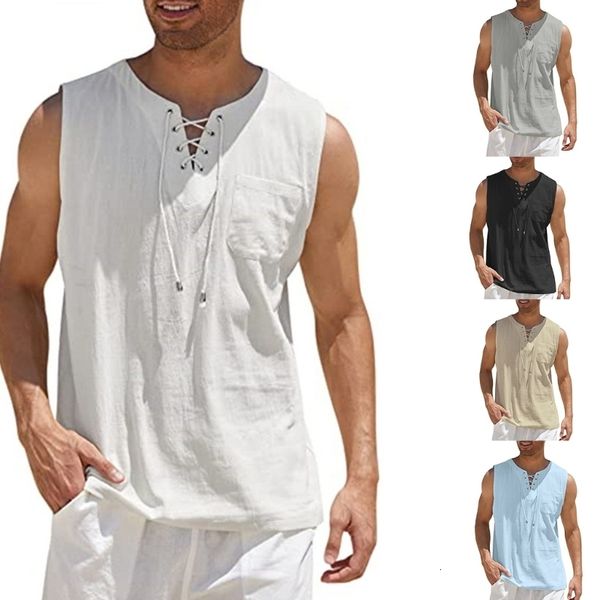 mens tank 95ab casual cotton linen shirts laceup drawstring vneck summer sleeveless beach tshirt blouses with pocket 230713, White;black
mens tank 95ab casual cotton linen shirts laceup drawstring vneck summer sleeveless beach tshirt blouses with pocket 230713, White;black