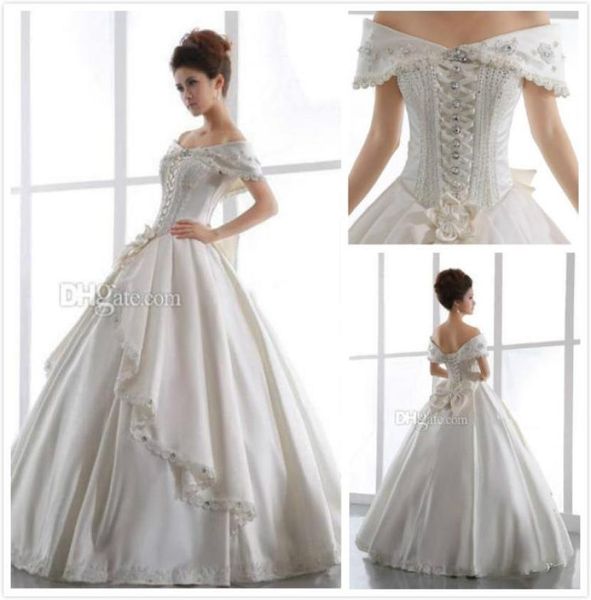 vintage ivory church wedding dresses 2015 off shoulder backless lace up beaded floor length satin ball gown sheer bridal gown bow 7328805, White
vintage ivory church wedding dresses 2015 off shoulder backless lace up beaded floor length satin ball gown sheer bridal gown bow 7328805, White