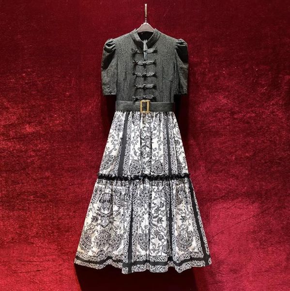 european and american women's dress 2023 summer new style stand collar five-quarter sleeve lace patchwork print pleated dress, Black;gray
european and american women's dress 2023 summer new style stand collar five-quarter sleeve lace patchwork print pleated dress, Black;gray