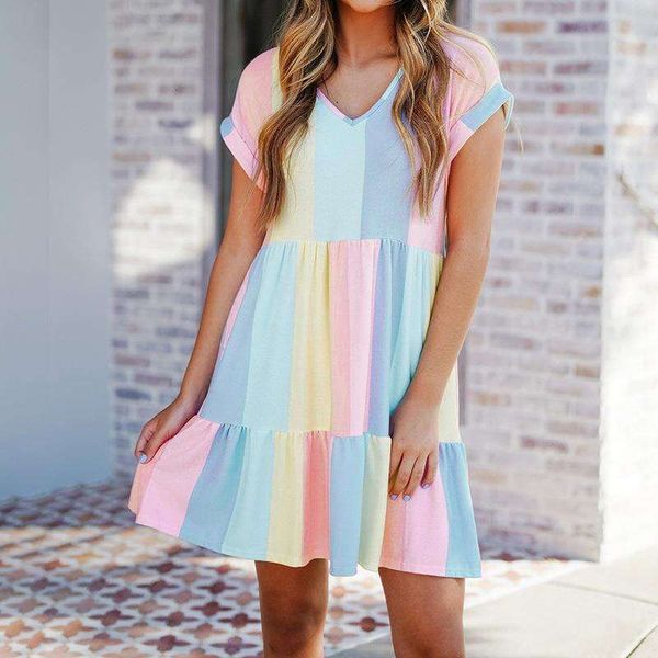 high waist dress summer short sleeve multi color stripe contrast v neck skirt, Black;gray
high waist dress summer short sleeve multi color stripe contrast v neck skirt, Black;gray