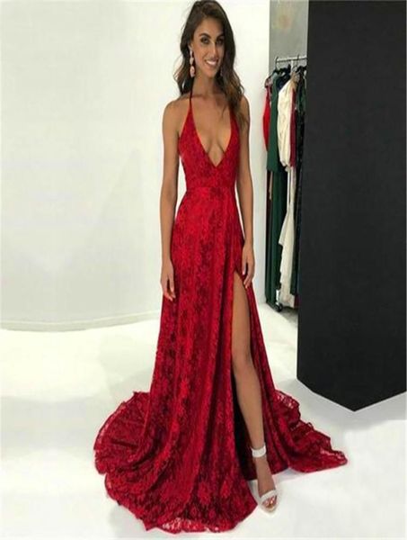 new burgundy evening dress lace high split backless halter a line long formal dresses evening gown gowns1511538, Black;red
new burgundy evening dress lace high split backless halter a line long formal dresses evening gown gowns1511538, Black;red