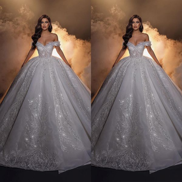 gorgeous ball gown wedding dresses off the shoulder shining applicants sequins tulle court gown overskirts dress custom made plus size brida, White
gorgeous ball gown wedding dresses off the shoulder shining applicants sequins tulle court gown overskirts dress custom made plus size brida, White