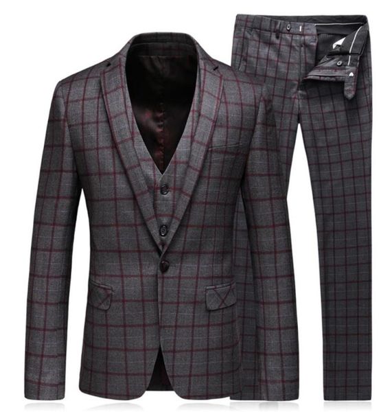 dark gray mens wedding tuxedos burgundy plaid notched lapel groom wear formal man one button 3 pieces blazer suits2912791, Black;gray 
dark gray mens wedding tuxedos burgundy plaid notched lapel groom wear formal man one button 3 pieces blazer suits2912791, Black;gray