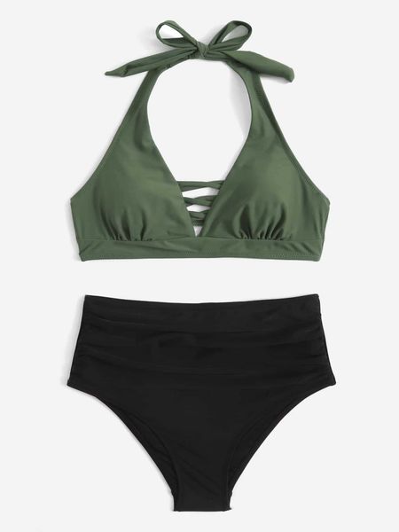 women's two tone cut out halter wireless bra tummy control high waist bikini bottom 2 piece swimsuit, White;black
women's two tone cut out halter wireless bra tummy control high waist bikini bottom 2 piece swimsuit, White;black