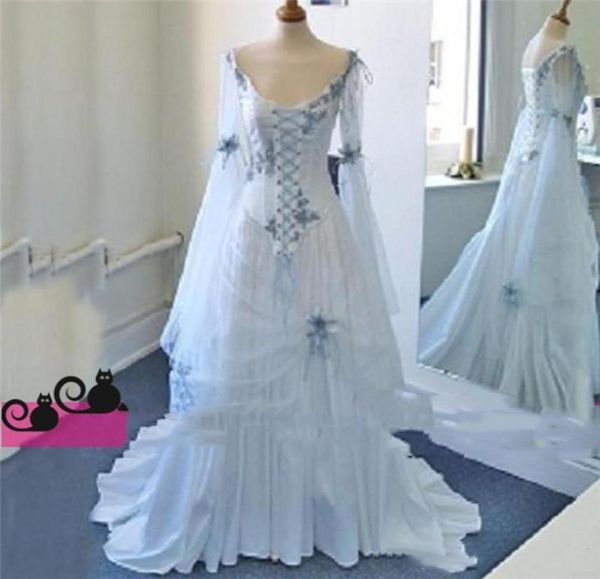 

2019 ivory and pale blue vintage wedding dresses long sleeves scoop appliques wedding bridal gowns floor length custom made plus s1067981, White