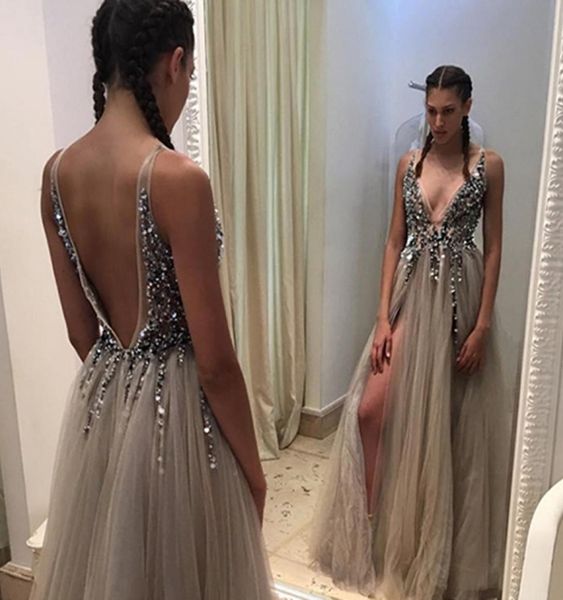 split evening dresses plunging neckline crystal prom gowns custom made tulle evening party dress real pictures backless party 2525625, Black
split evening dresses plunging neckline crystal prom gowns custom made tulle evening party dress real pictures backless party 2525625, Black